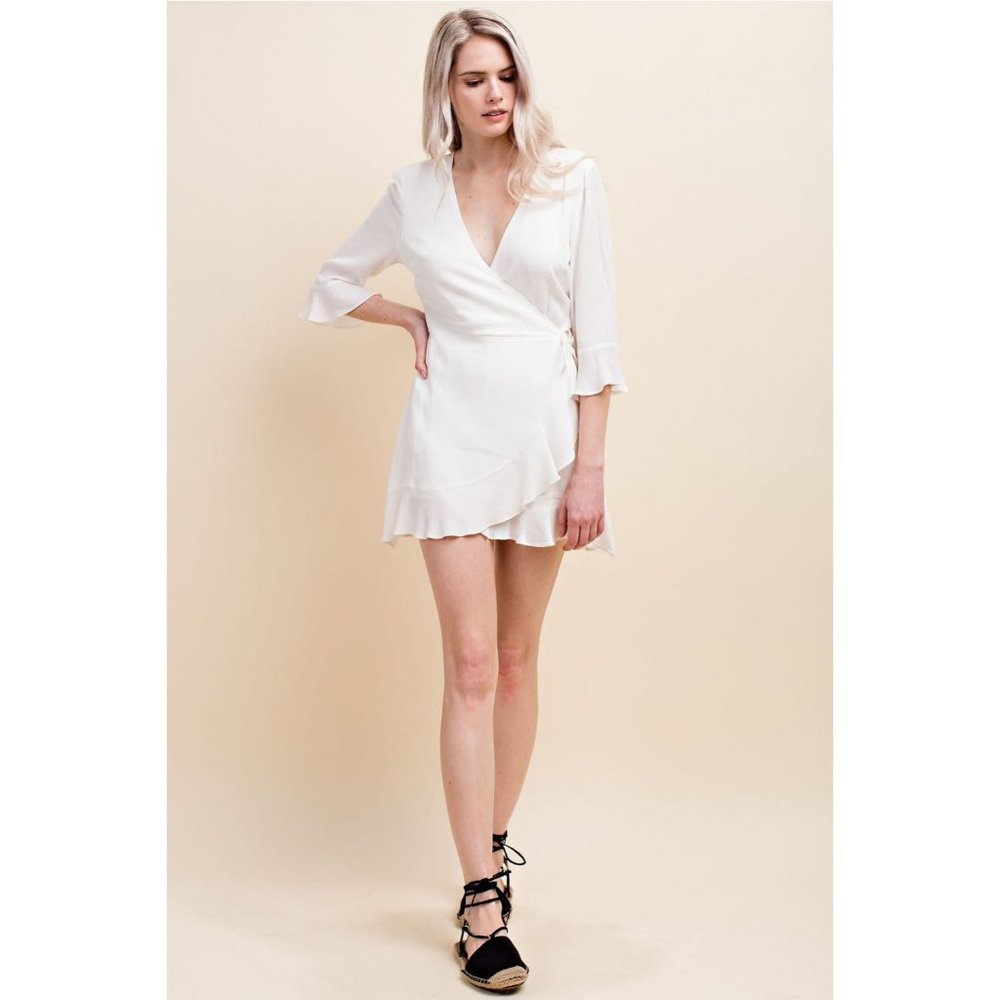 Honey Punch Ruffle Wrap Romper, White - Picture 2 of 4